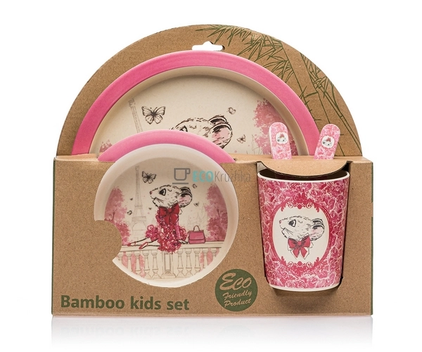 Набір дитячого посуду бамбуковий 5 приладів Мишка Eco Ba ...