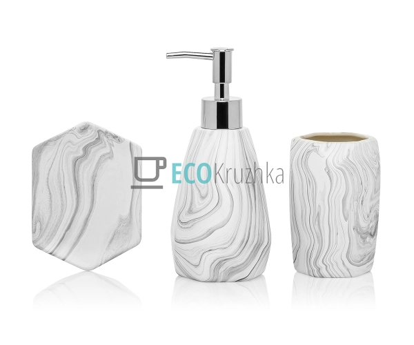 Набір для ванної кімнати (3 предмети) дозатор для мила, склянка для зубних щіток та мильниця, дизайн - сіро-білий мармур 851-315