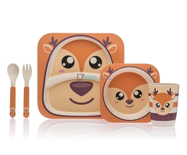 Набір дитячого посуду бамбуковий 5 приладів Оленьонок Ec ...