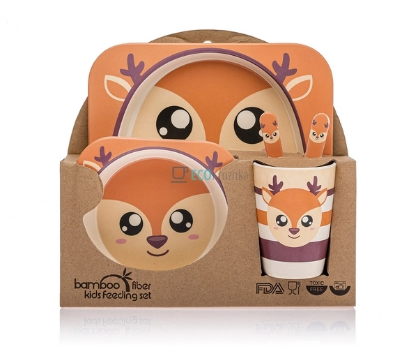 Набір дитячого посуду бамбуковий 5 приладів Оленьонок Ec ...