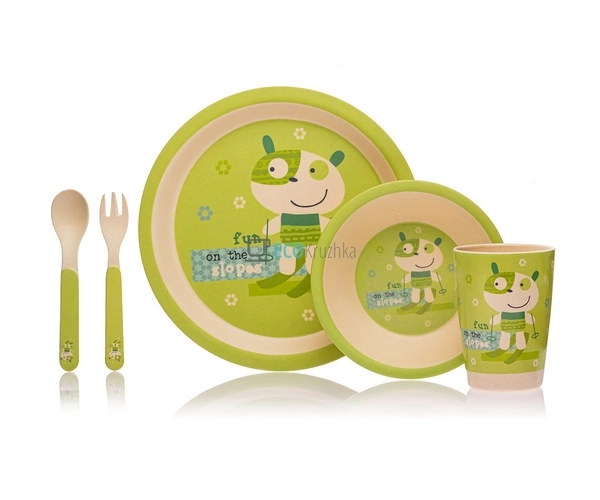 Набір дитячого посуду бамбуковий 5 приладів Собачка Eco ... Набір дитячого посуду бамбуковий 5 приладів Собачка Eco ...