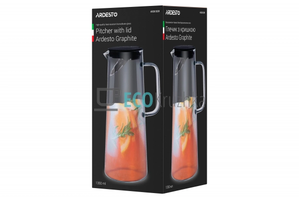 Глечик Ardesto Graphite з кришкою, 1350 мл, боросилікатн ...