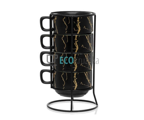 Набір з 4 порцелянових чашок 200 мл на підставці "Мармурова розкіш", чорний із золотом, артикул (805-723)