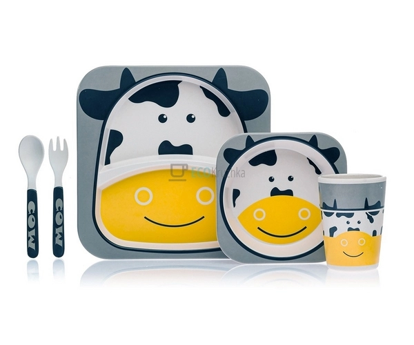 Набір дитячого посуду бамбуковий 5 приладів Корівка Eco ... Набір дитячого посуду бамбуковий 5 приладів Корівка Eco ...