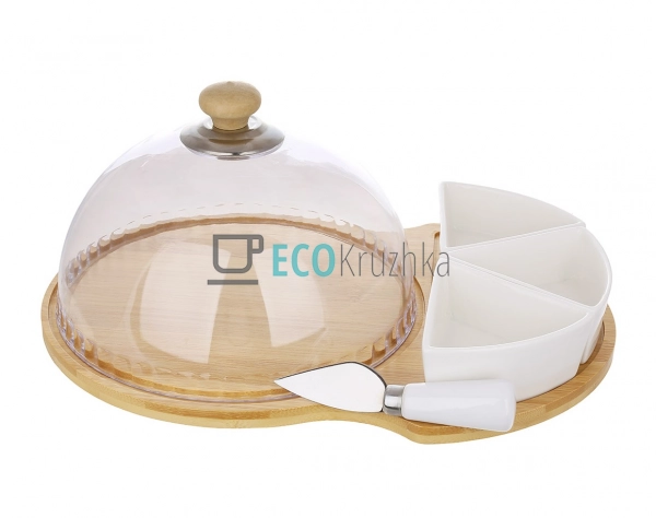 Набір для сиру з ножем, трьома піалками та прозорою криш ...