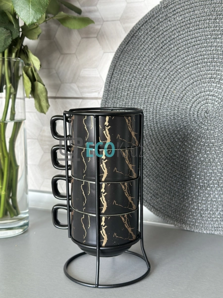 Набір з 4 порцелянових чашок 200 мл на підставці "Мармур ...