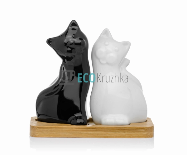 Набір для спецій "Коти Інь та Янь" (сіль і перець) на бамбуковій підставці Naturel, 11 см (289-324)