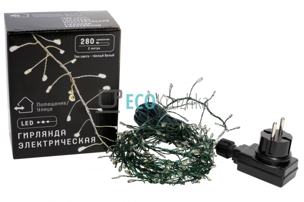 Гірлянда-кластер 280 LED, теплий білий, 1 лінія 2 м, зел ...
