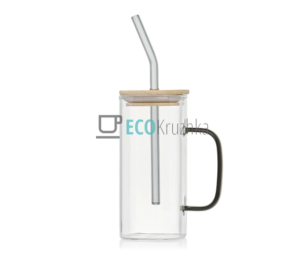 Еко стакан 400 мл з трубочкою та бамбуковою кришкою – ба ...