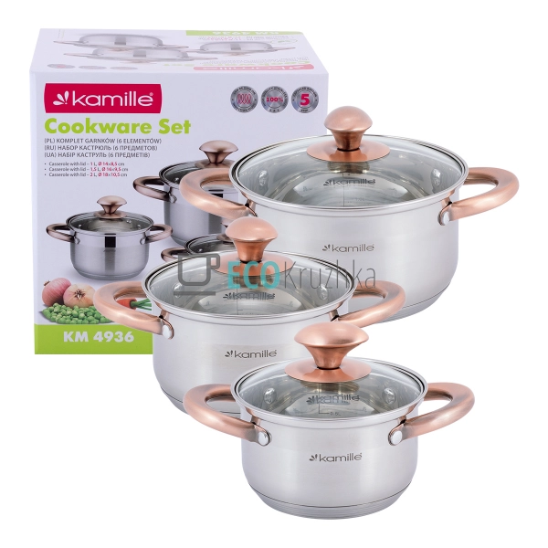 Набір каструль з нержавіючої сталі 6 предметів (1л, 1,5л ...