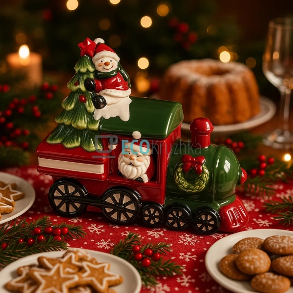 Керамічна банка для солодощів "Санта і Сніговик на поїзд ...