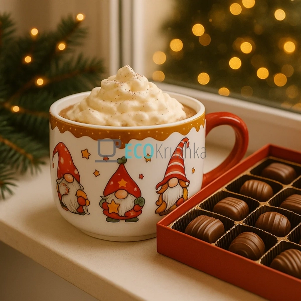 Новорічна керамічна кружка з гномами та пряниками, 550 м ...