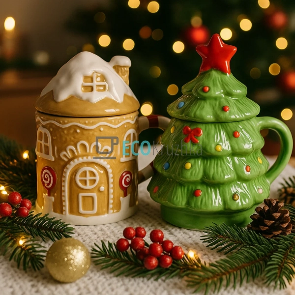 Новорічна керамічна кружка з кришкою у формі пряникового ...