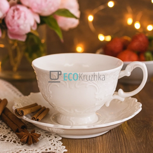 Порцелянова чашка з блюдцем Ажур 250 мл — класика білого ... Порцелянова чашка з блюдцем Ажур 250 мл — класика білого ...