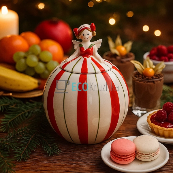 Керамічна банка “Ангел” 290 мл – біло‑червона, із кришко ...