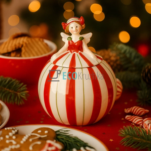 Керамічна банка “Ангел” 290 мл – біло‑червона, із кришко ...