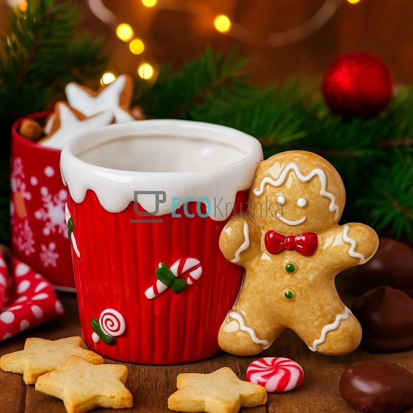 Новорічний кухоль з пряниковим чоловічком 390 мл – черво ...