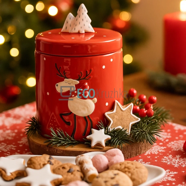 Новорічна керамічна банка з оленем 670 мл – червона Bona ...
