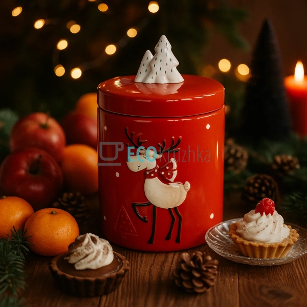Новорічна керамічна банка з оленем 670 мл – червона Bona ...