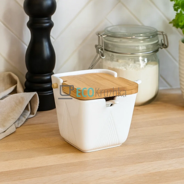 Цукорниця порцелянова з ложкою та бамбуковою кришкою Gra ... Цукорниця порцелянова з ложкою та бамбуковою кришкою Gra ...