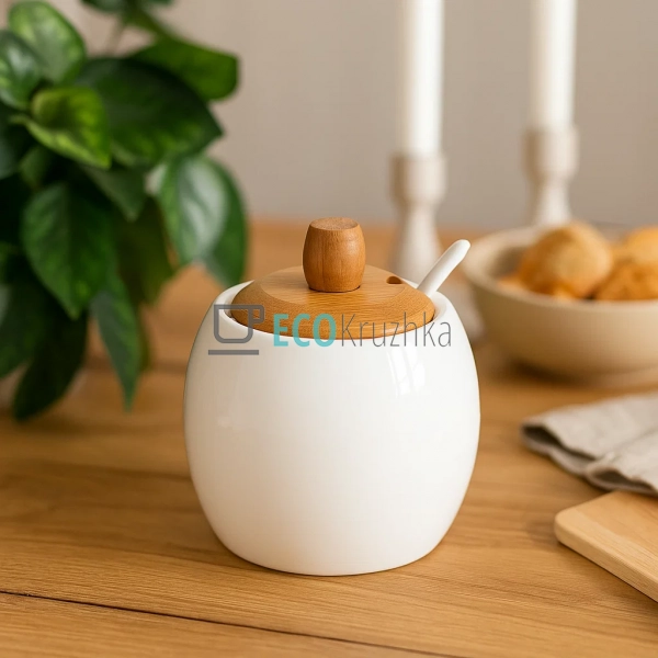 Цукорниця порцелянова 300 мл з бамбуковою кришкою та лож ... Цукорниця порцелянова 300 мл з бамбуковою кришкою та лож ...