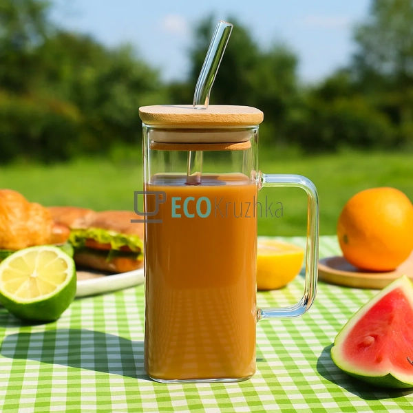 Еко стакан 400 мл з трубочкою та бамбуковою кришкою – ба ...
