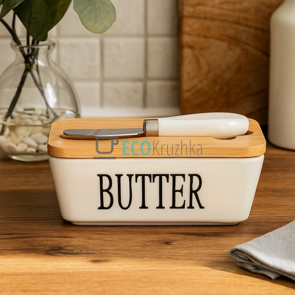 Маслянка з порцеляни з бамбуковою кришкою та ножем для м ... Маслянка з порцеляни з бамбуковою кришкою та ножем для м ...