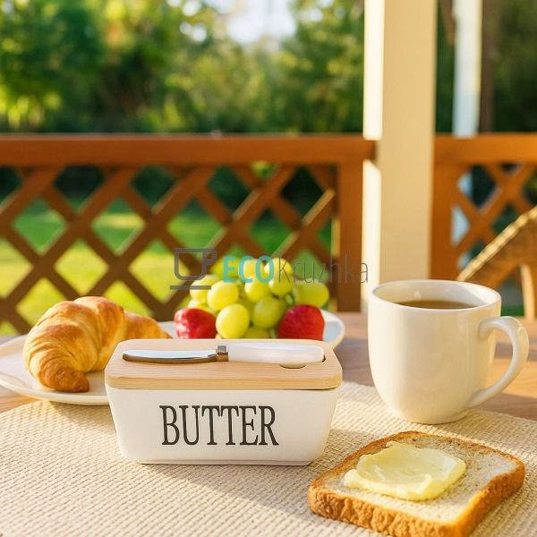 Маслянка з порцеляни з бамбуковою кришкою та ножем для м ... Маслянка з порцеляни з бамбуковою кришкою та ножем для м ...