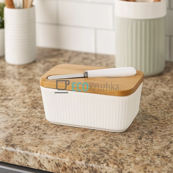 Маслянка для масла з ножем і бамбуковою кришкою, порцеля ... Маслянка для масла з ножем і бамбуковою кришкою, порцеля ...