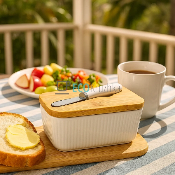 Маслянка для масла з ножем і бамбуковою кришкою, порцеля ... Маслянка для масла з ножем і бамбуковою кришкою, порцеля ...