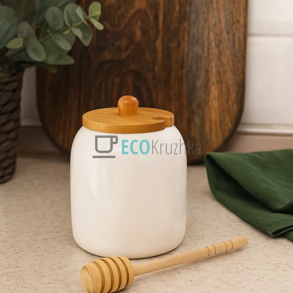 Медівниця з порцеляни 380 мл з бамбуковою кришкою і ложк ... Медівниця з порцеляни 380 мл з бамбуковою кришкою і ложк ...