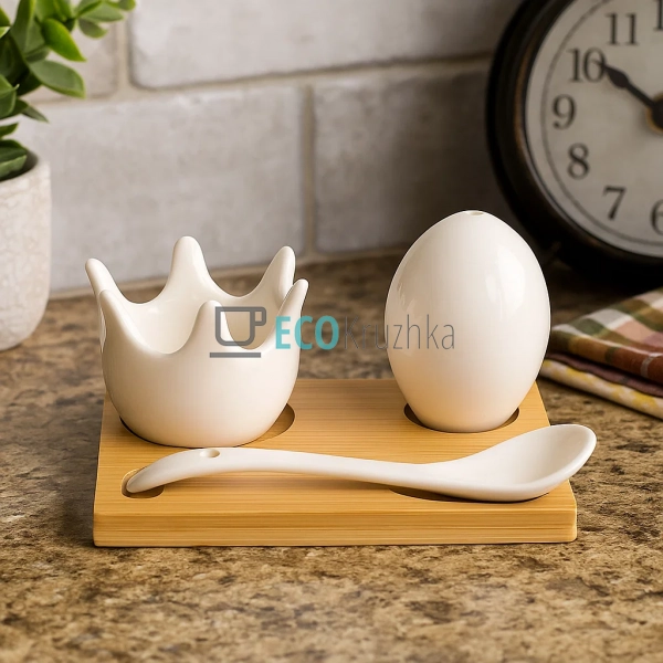 Набір для яйця з порцеляновою піалкою, ложкою та бамбуко ...
