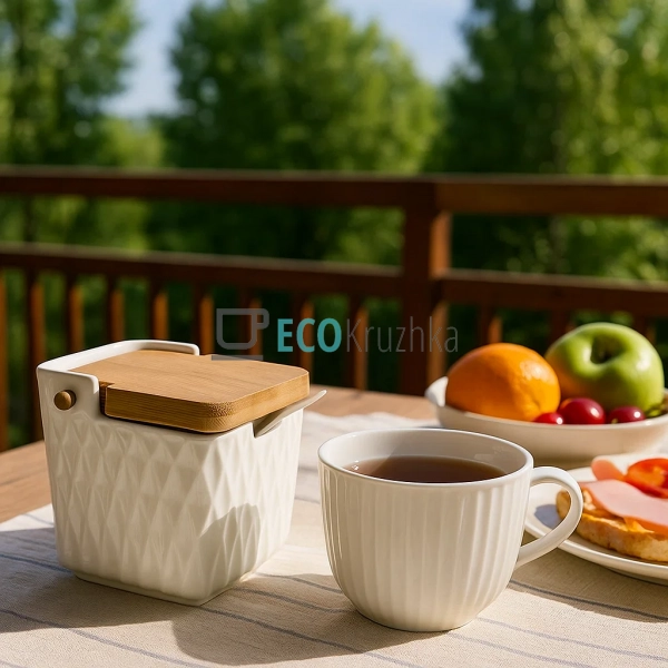 Цукорниця порцелянова біла з бамбуковою кришкою та ложко ... Цукорниця порцелянова біла з бамбуковою кришкою та ложко ...