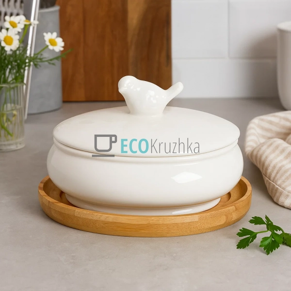 Цукорниця порцелянова 250 мл з бамбуковою кришкою та лож ... Цукорниця порцелянова 250 мл з бамбуковою кришкою та лож ...