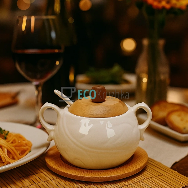 Цукорниця порцелянова 400 мл з бамбуковою кришкою і ложк ... Цукорниця порцелянова 400 мл з бамбуковою кришкою і ложк ...