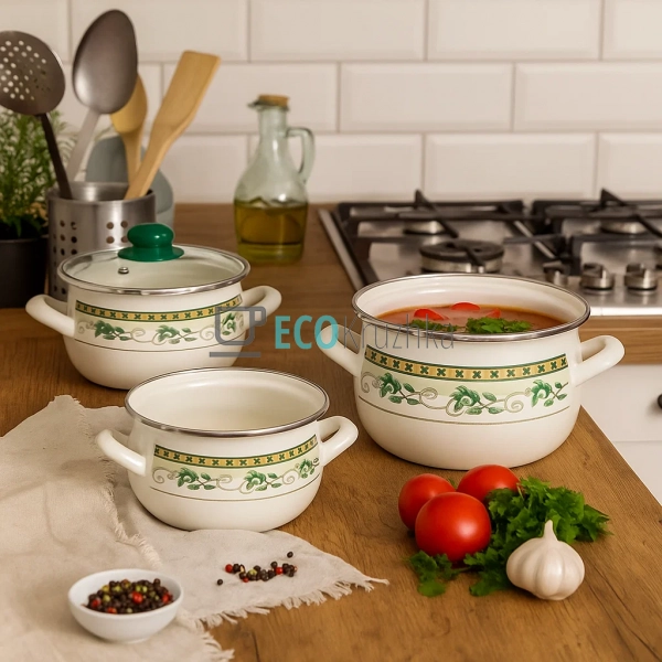 Набір із трьох емальованих  кастрюль Оливки Interos EK22 ...