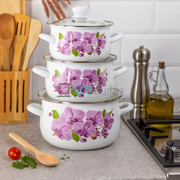 Набір емальованих каструль Орхідея бузкова 3 шт – 2л, 3л ...