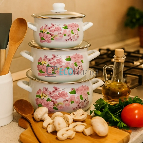 Набір емальованих каструль Сакура 3 шт — 2л, 3л, 4л з кр ...