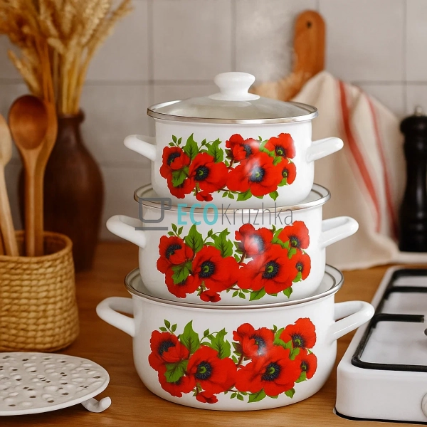 Набір емальованих каструль Мак 3 шт — 2л, 3л, 4л з кришк ...