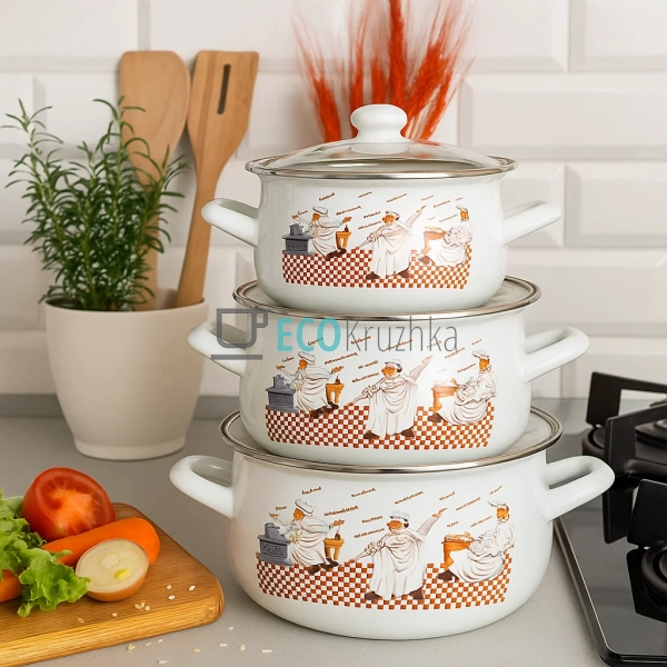 Набір емальованих каструль Кухарі 3 шт — 2л, 3л, 4л з кр ...