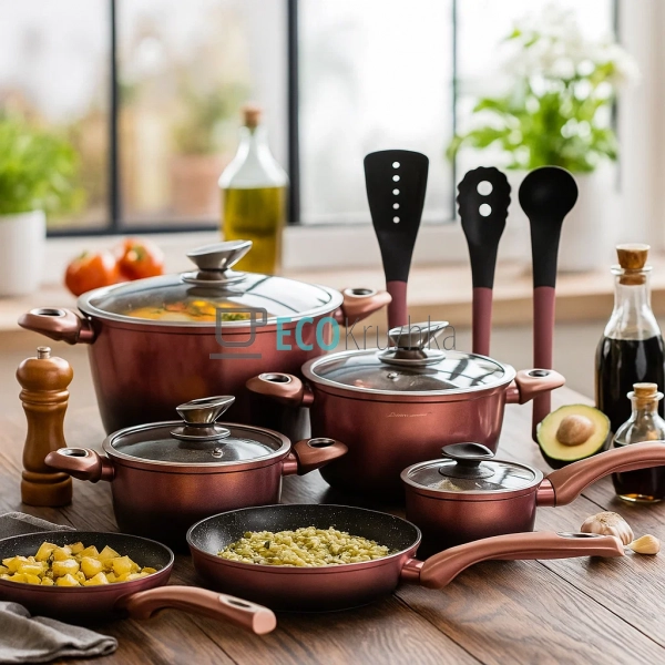 Набір каструль Edenberg 15 предметів з мармуровим антипригарним покриттям, Темно - коричневий EB-5626