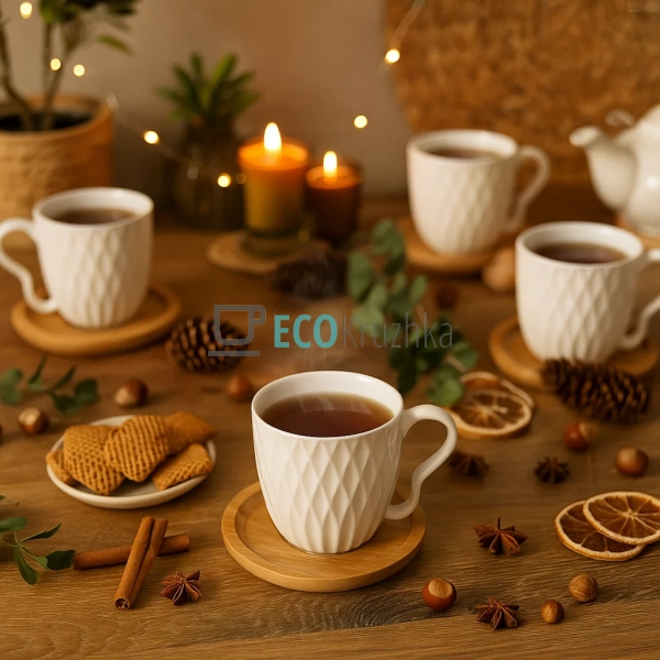 Набір порцелянових чашок Romb 200 мл з бамбуковими блюдц ... Набір порцелянових чашок Romb 200 мл з бамбуковими блюдц ...