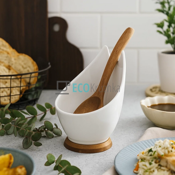 Кухонна підставка для ложки з порцеляни з бамбуковою осн ... Кухонна підставка для ложки з порцеляни з бамбуковою осн ...