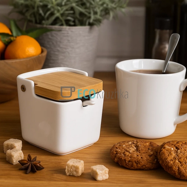 Цукорниця порцелянова 300 мл з бамбуковою кришкою та лож ...