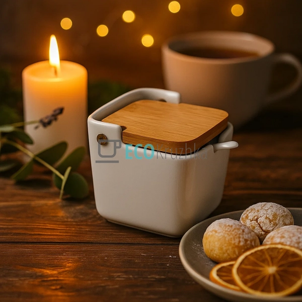 Цукорниця порцелянова 300 мл з бамбуковою кришкою та лож ...