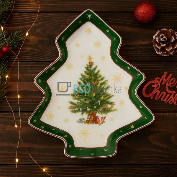 Новорічна порцелянова тарілка у формі ялинки 25×21 см •  ...