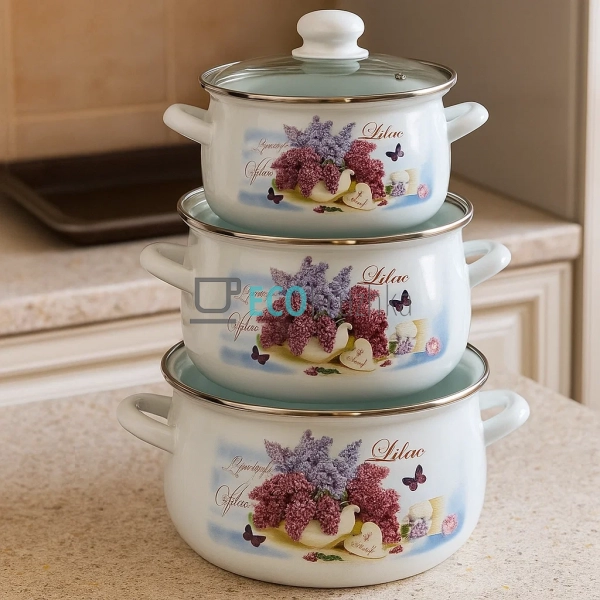 Набір емальованих каструль Бузок 3 шт — 2л, 3л, 4л з кри ...