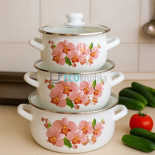 Набір емальованих каструль Орхідея рожева 3 шт — 2л, 3л, ...