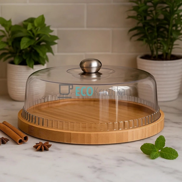 Блюдо для торта 32 см з пластмасовий кришкою бамбукова п ...