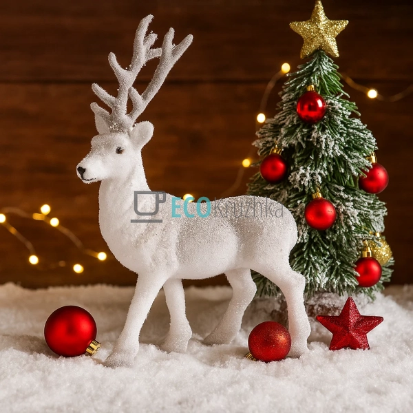 Засніжений новорічний олень 20 см — фігурка з флоковим п ...